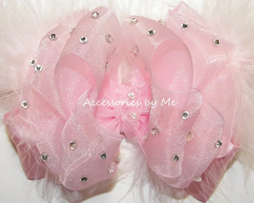 High Glitz Light Pink Organza Marabou Hair Bow