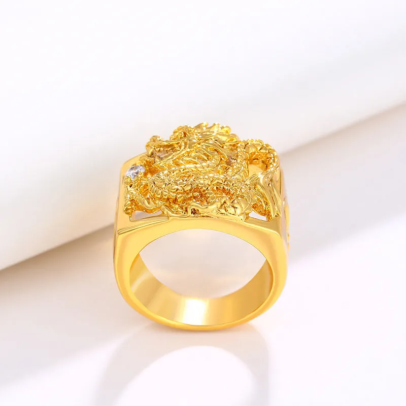 Jewelry alloy gold-plated retro three-dimensional wide square ring plated 24K gold domineering men's open dragon ring