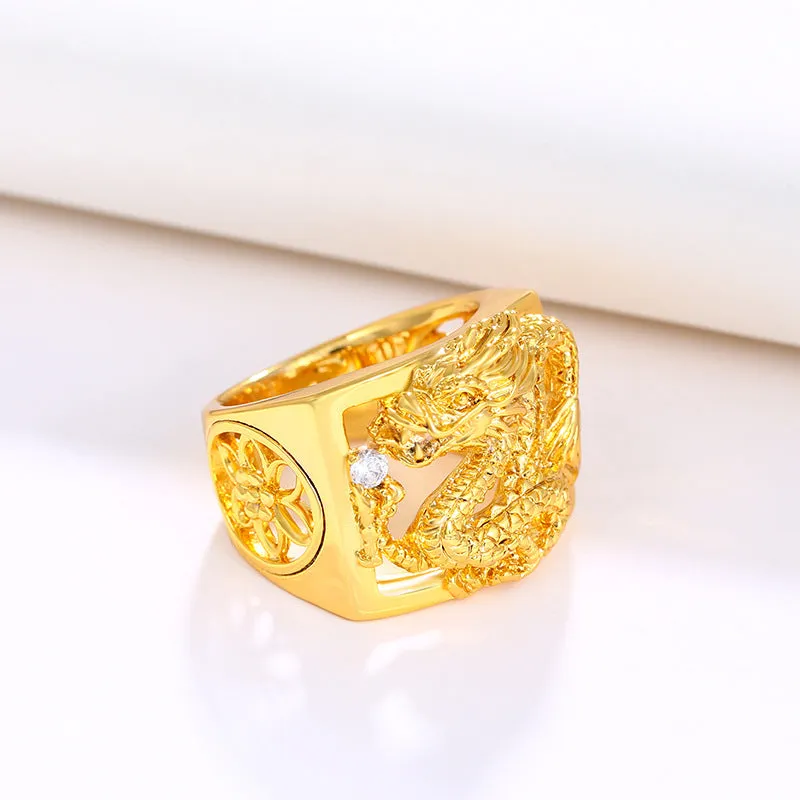 Jewelry alloy gold-plated retro three-dimensional wide square ring plated 24K gold domineering men's open dragon ring