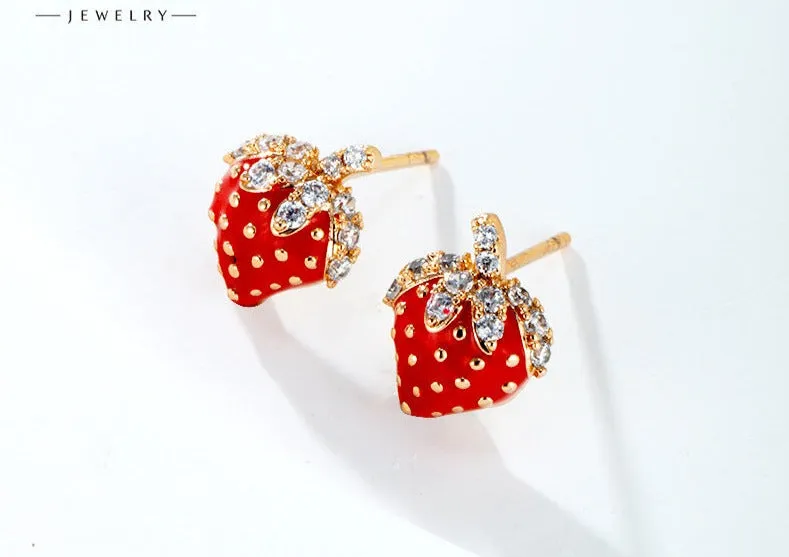 Jewelry Cute Red Strawberry Fruit Earrings Women's Exquisite Small Temperament Inlaid with Zirconium Earrings