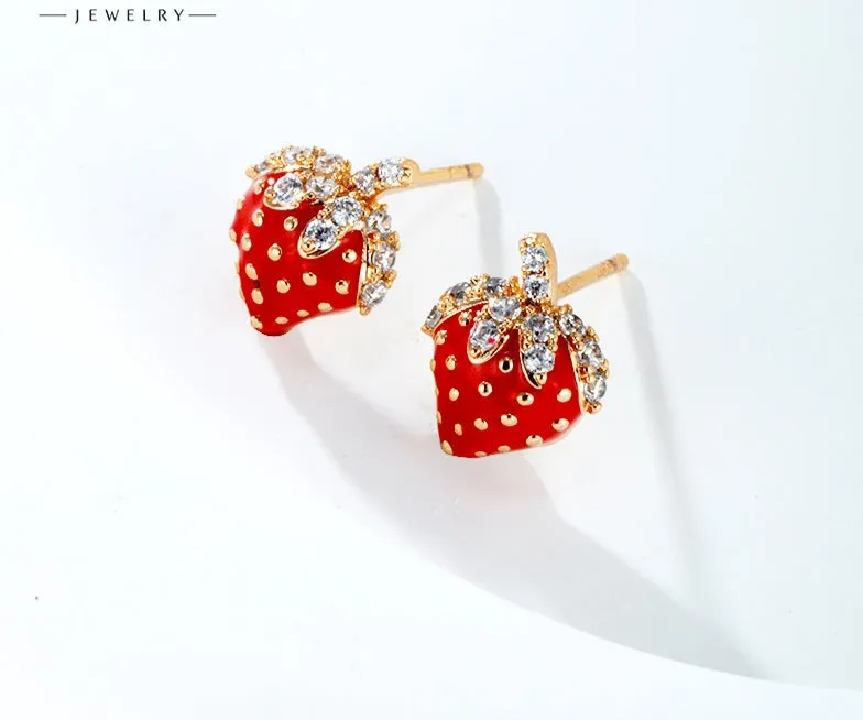 Jewelry Cute Red Strawberry Fruit Earrings Women's Exquisite Small Temperament Inlaid with Zirconium Earrings