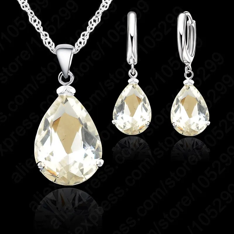 JEXXI   925 Sterling Silver Water Drop Crystal Necklace & Earring Set