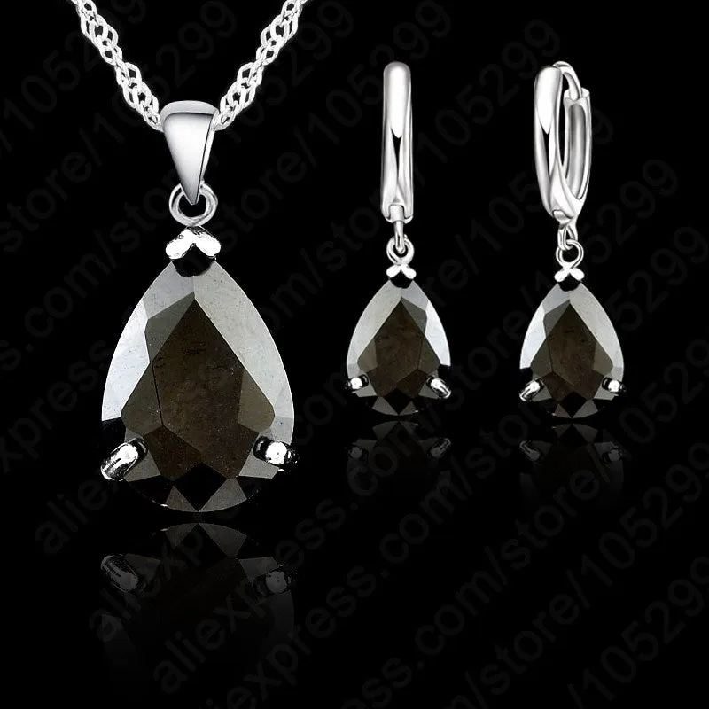 JEXXI   925 Sterling Silver Water Drop Crystal Necklace & Earring Set