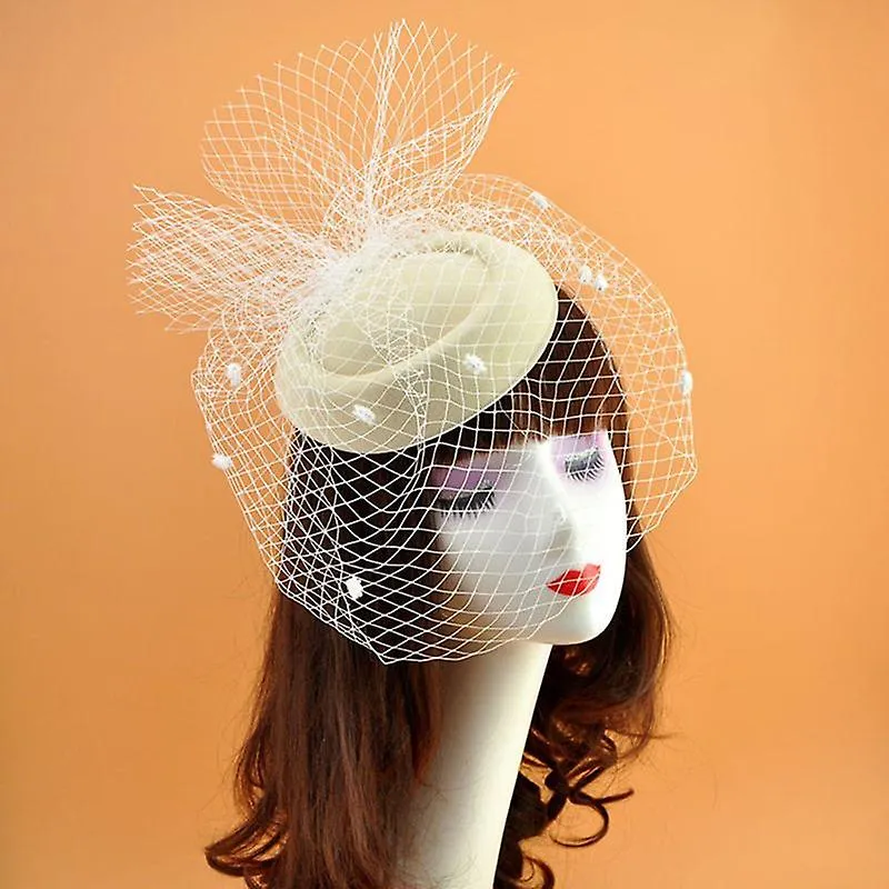 Light Brown Women'S Felt Hat Topper Mesh Veil Small PlUSh Wave Point Decor Hair Clips Wedding Bridal Cocktail Headwear