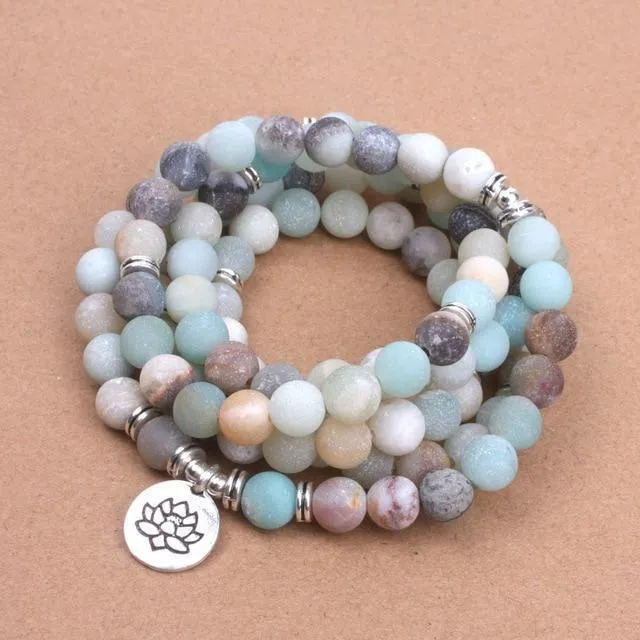 Matte Frosted Amazonite Beads Lotus OM Bracelet Charm Beaded Yoga Buddha Bracelet