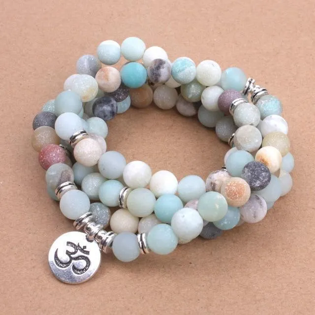 Matte Frosted Amazonite Beads Lotus OM Bracelet Charm Beaded Yoga Buddha Bracelet