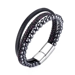 Men's Genuine Leather Hematite Bracelet