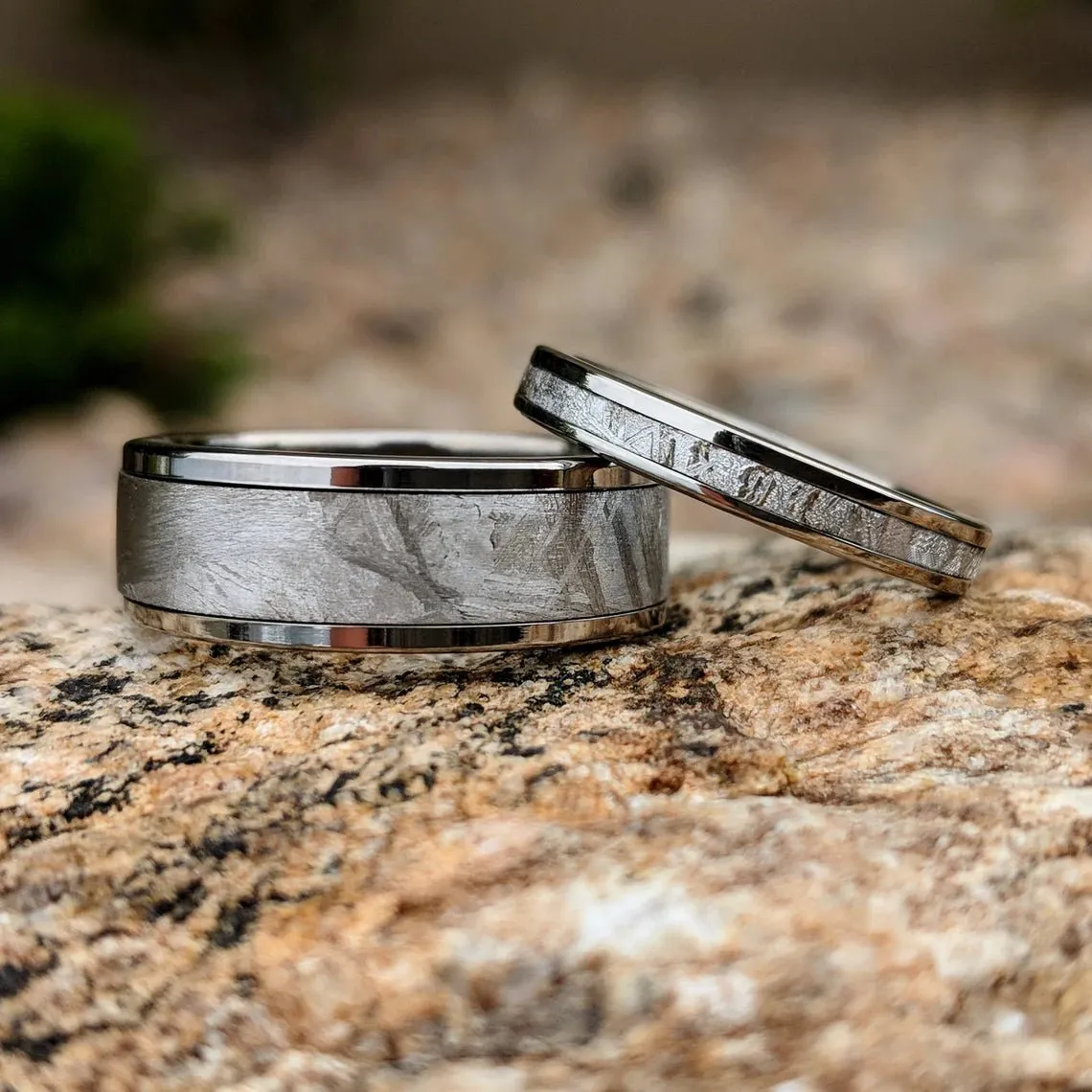 Meteorite Ring in Titanium, Wedding Band Set, Meteorite Titanium Rings Set - USA Made