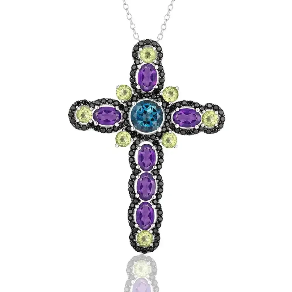 Mystical Multi-gems Cross Pendant Necklace