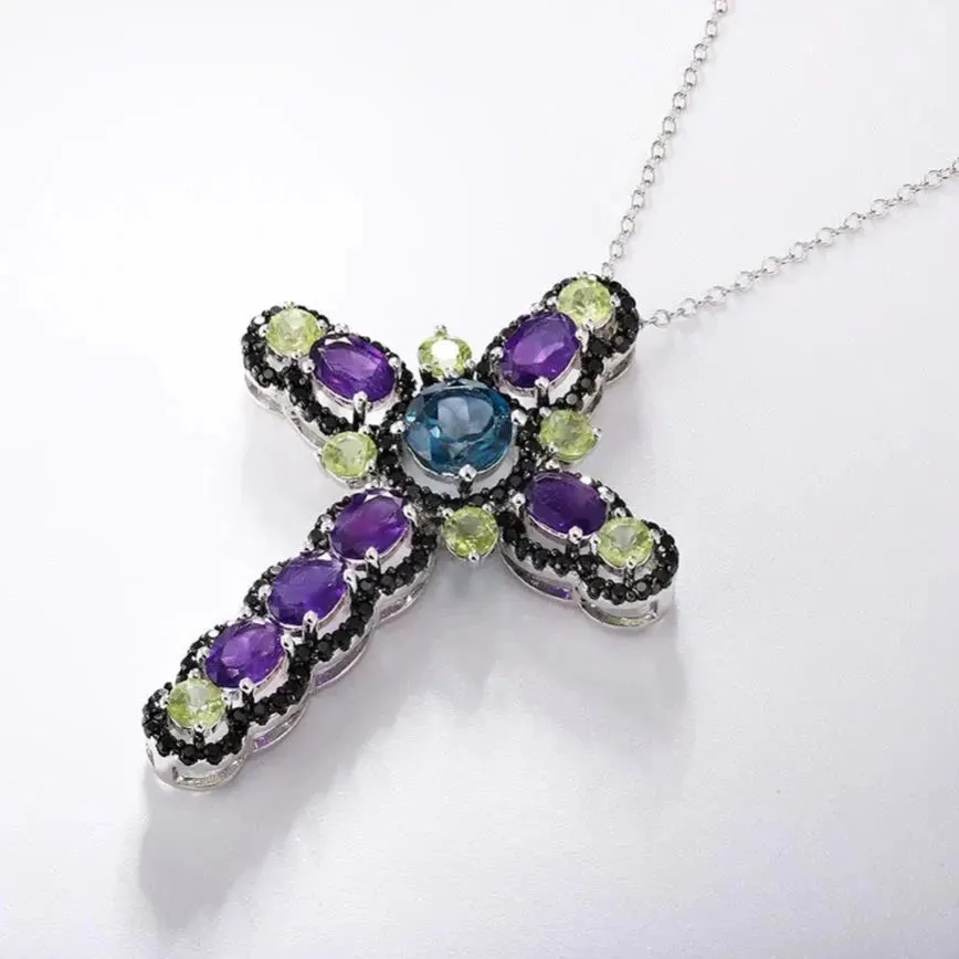 Mystical Multi-gems Cross Pendant Necklace