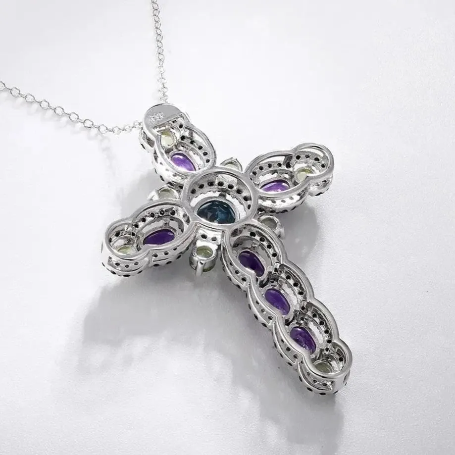 Mystical Multi-gems Cross Pendant Necklace