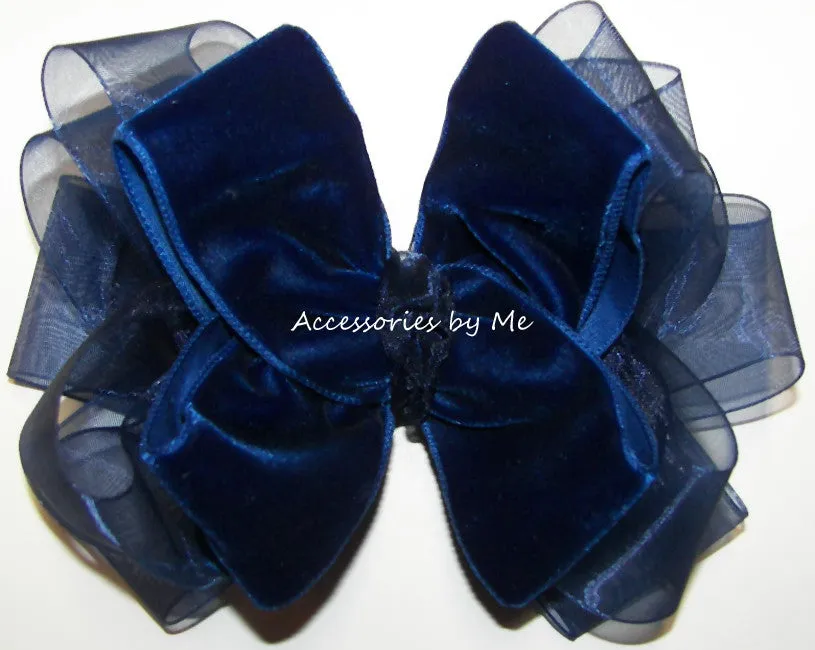 Navy Blue Velvet Organza Hair Bow