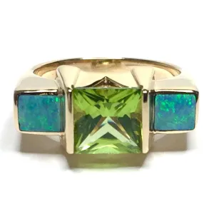 Opal Rings 2 Section Inlaid Design with Princess Cut Peridot