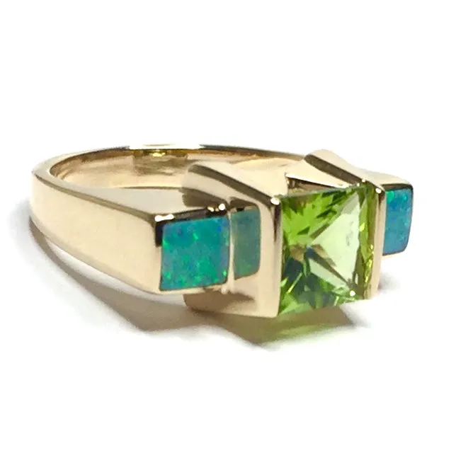 Opal Rings 2 Section Inlaid Design with Princess Cut Peridot