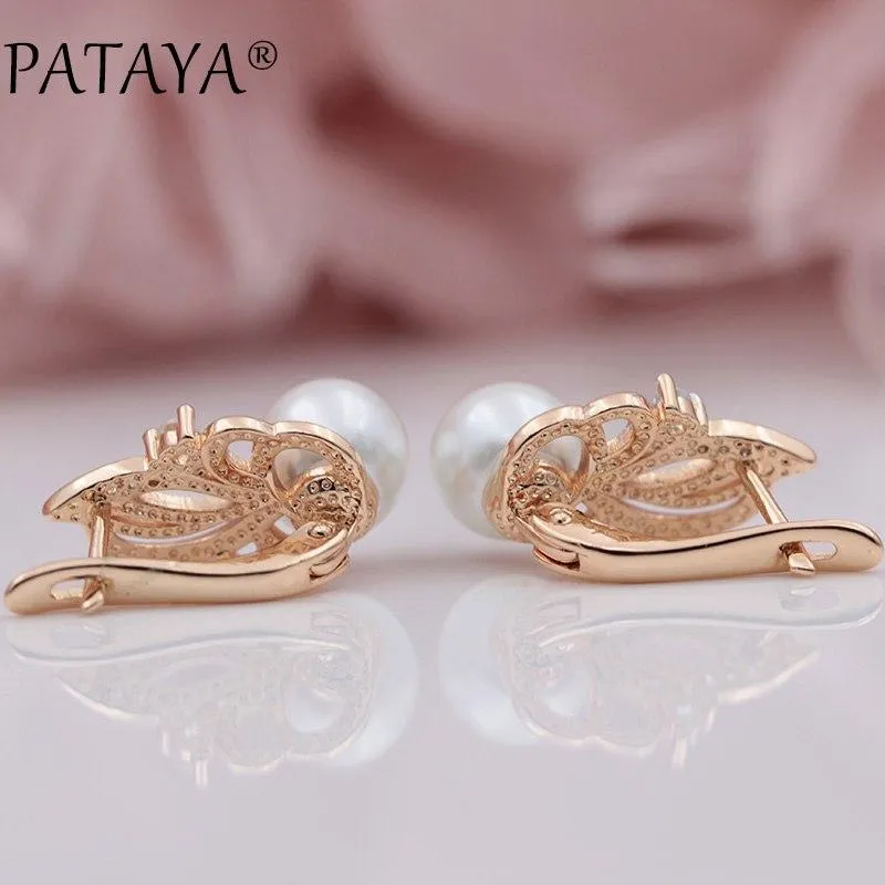 PATAYA New Women Exclusive Flame Type 585 Rose Gold Shell Pearls Drop Earrings White Natural Zircon RU Hot Party Wedding Jewelry