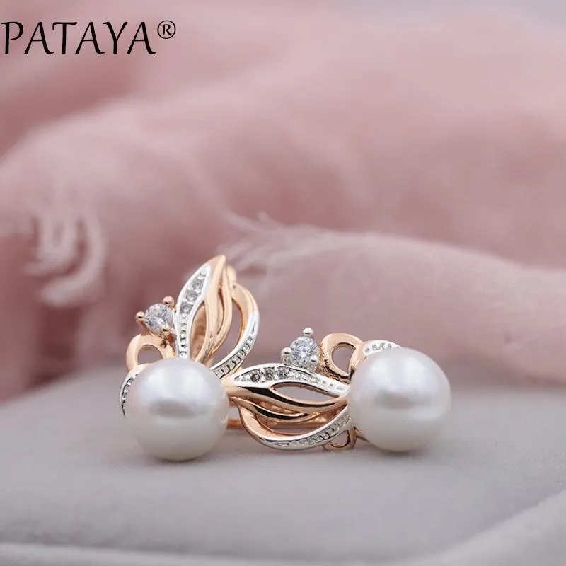 PATAYA New Women Exclusive Flame Type 585 Rose Gold Shell Pearls Drop Earrings White Natural Zircon RU Hot Party Wedding Jewelry