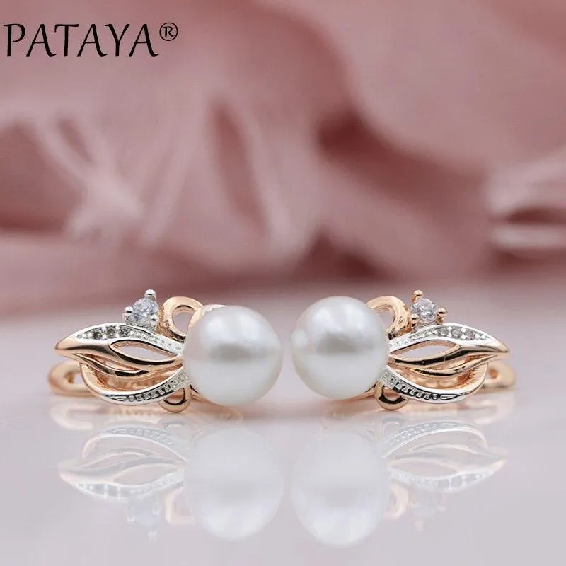 PATAYA New Women Exclusive Flame Type 585 Rose Gold Shell Pearls Drop Earrings White Natural Zircon RU Hot Party Wedding Jewelry