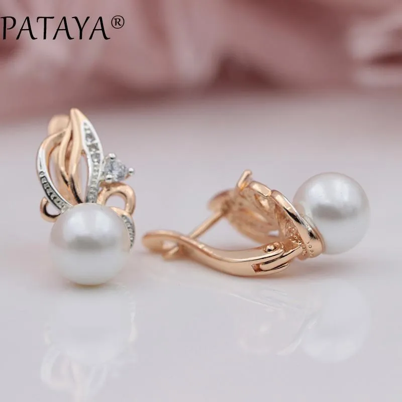 PATAYA New Women Exclusive Flame Type 585 Rose Gold Shell Pearls Drop Earrings White Natural Zircon RU Hot Party Wedding Jewelry