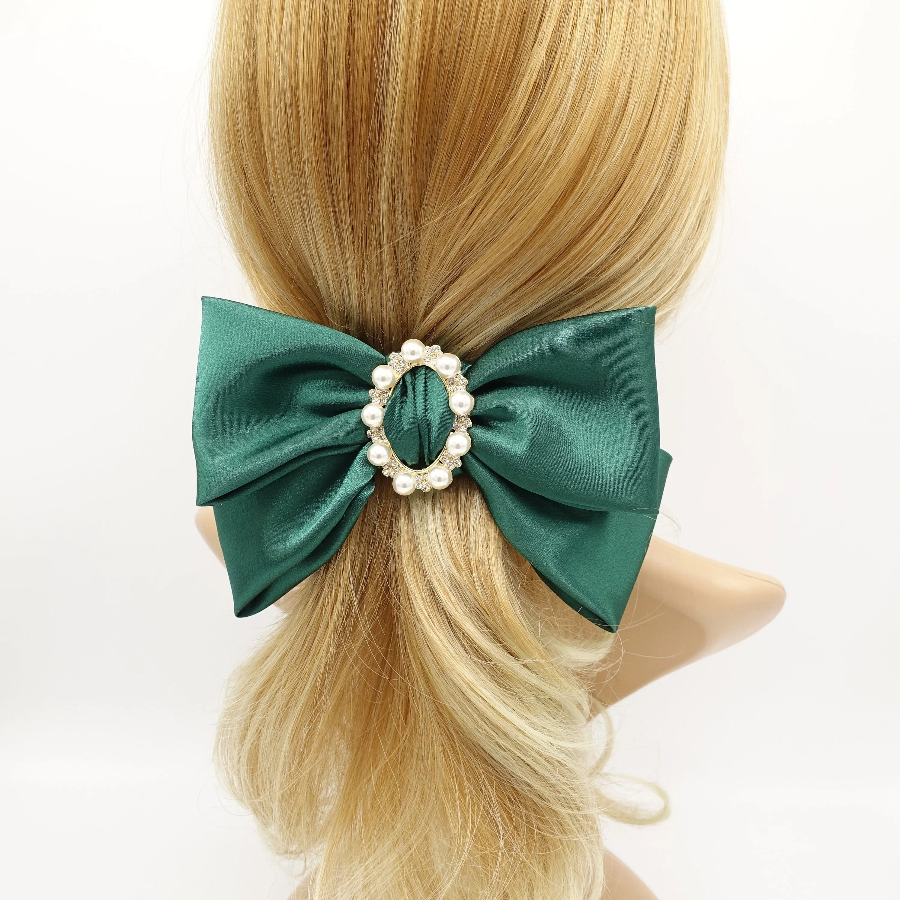 pearl rhinestone buckle embellished satin hair bow