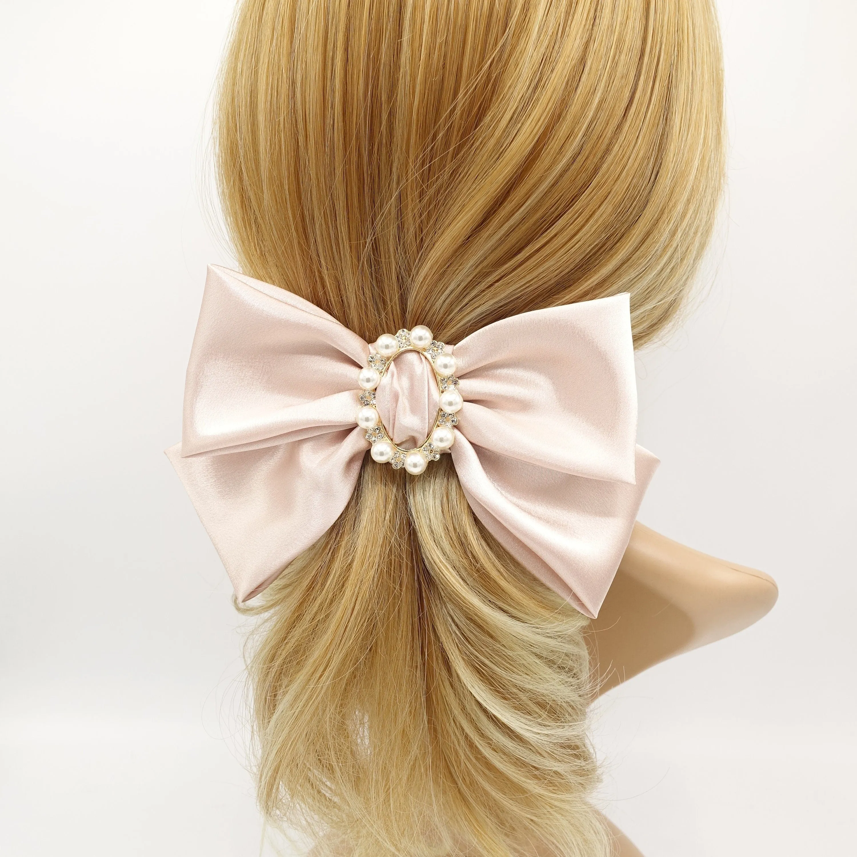 pearl rhinestone buckle embellished satin hair bow