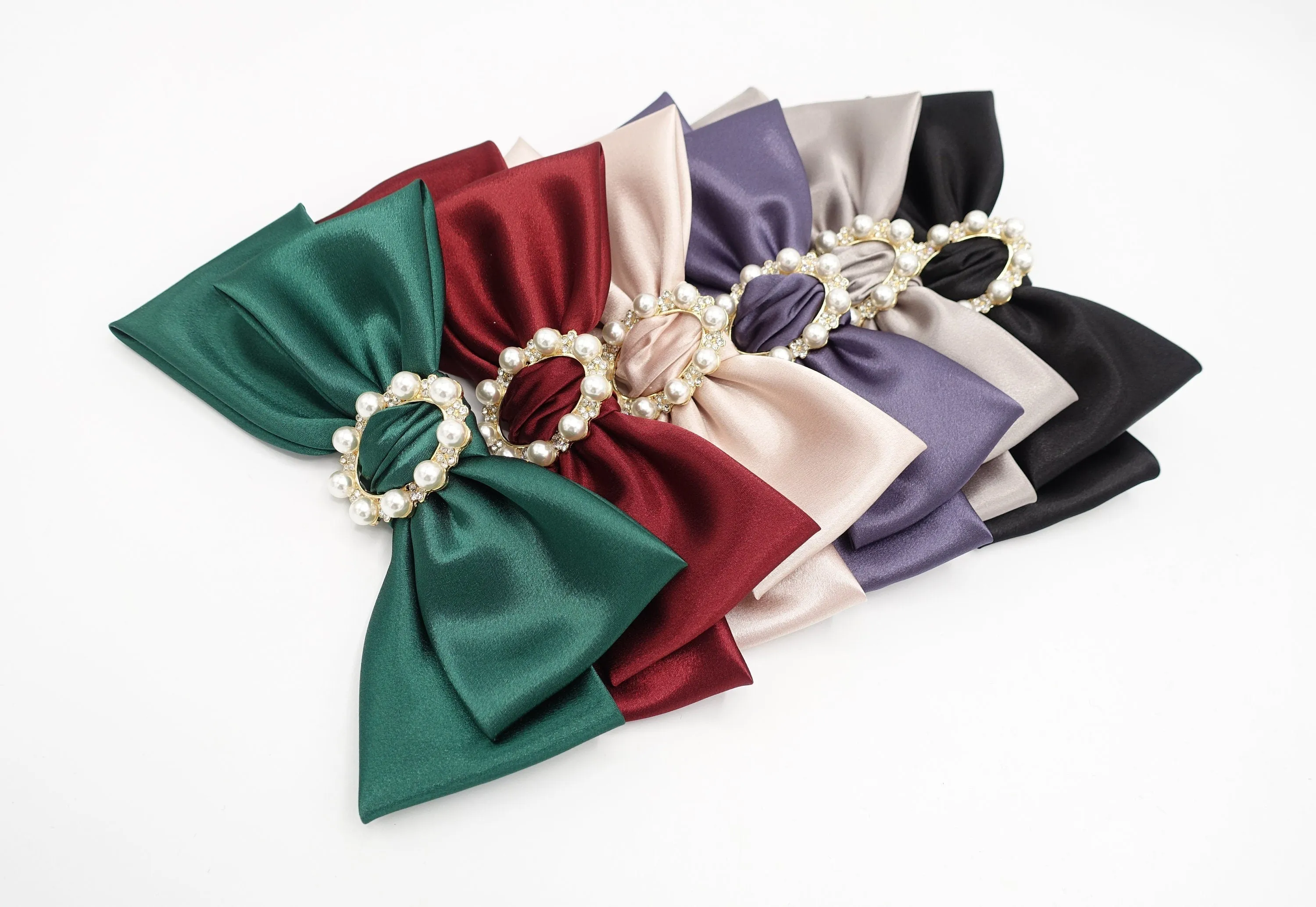 pearl rhinestone buckle embellished satin hair bow