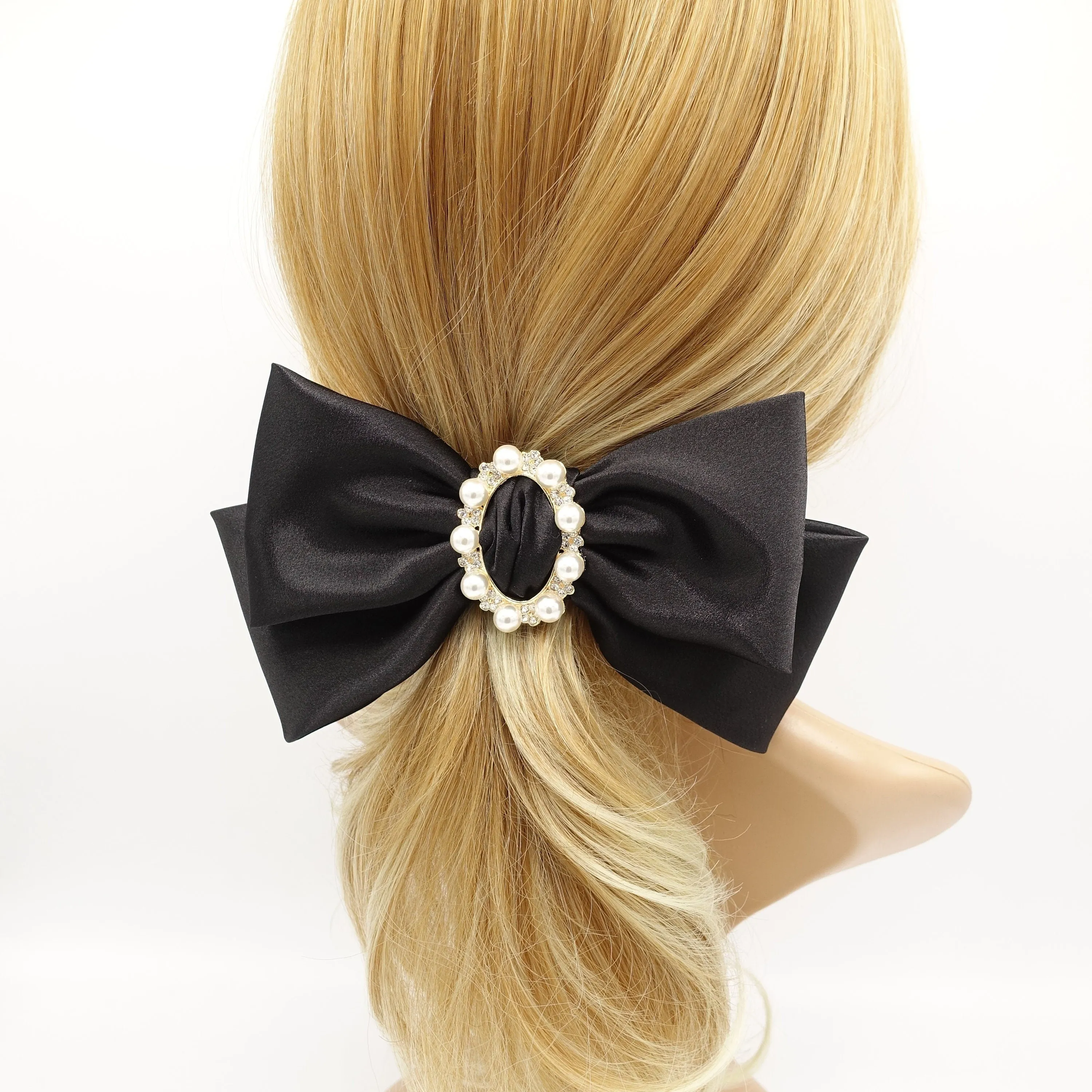 pearl rhinestone buckle embellished satin hair bow