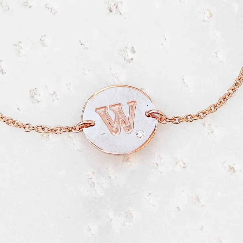 Personalized initial letter one diamond solid gold bracelet