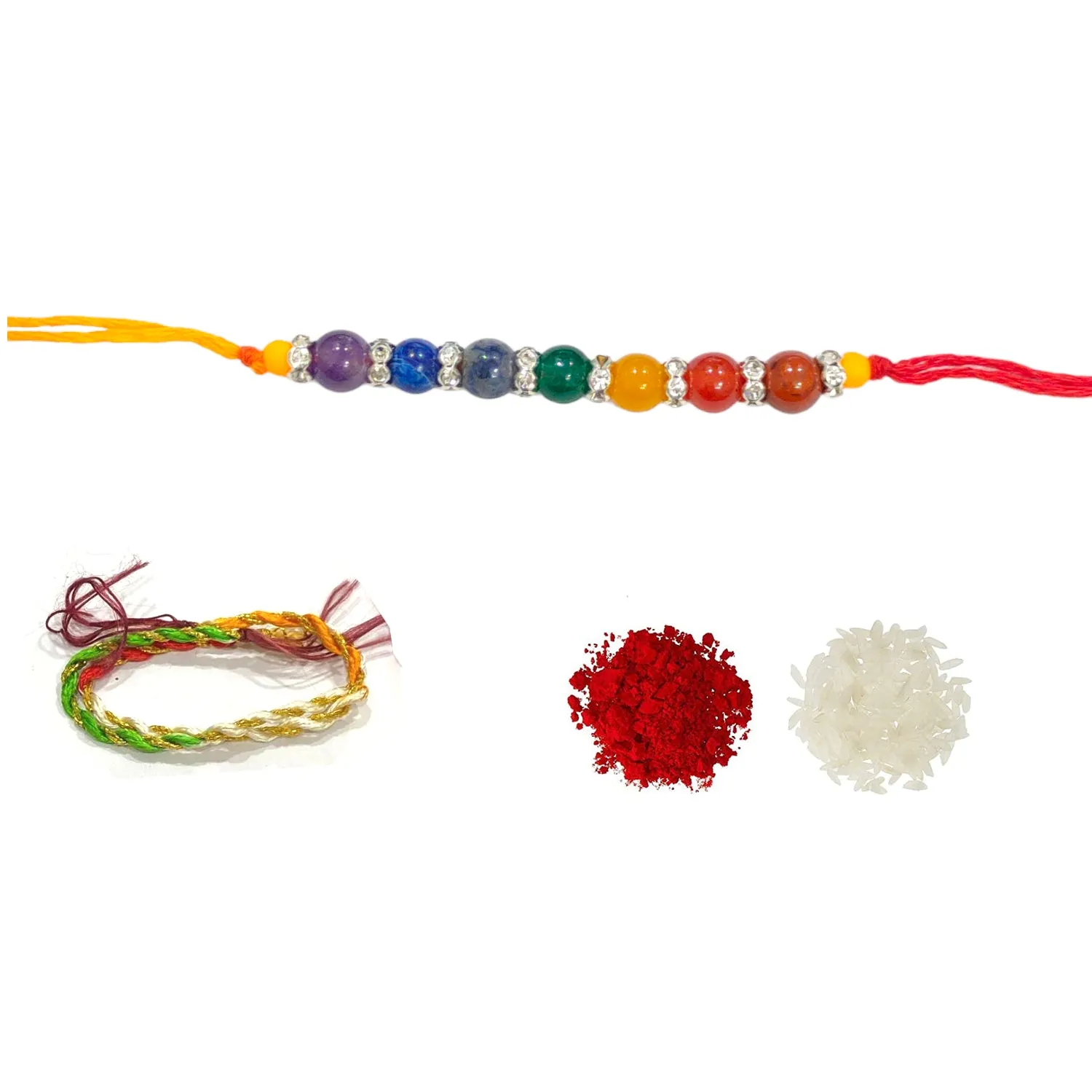 Rakhi 7 Chakra Crystals 6 mm with AD Rings for Brother Rakhi for Bhaiya Bhabhi Natural Semi Precious Stone Rakhi Set Combo for Men and Women