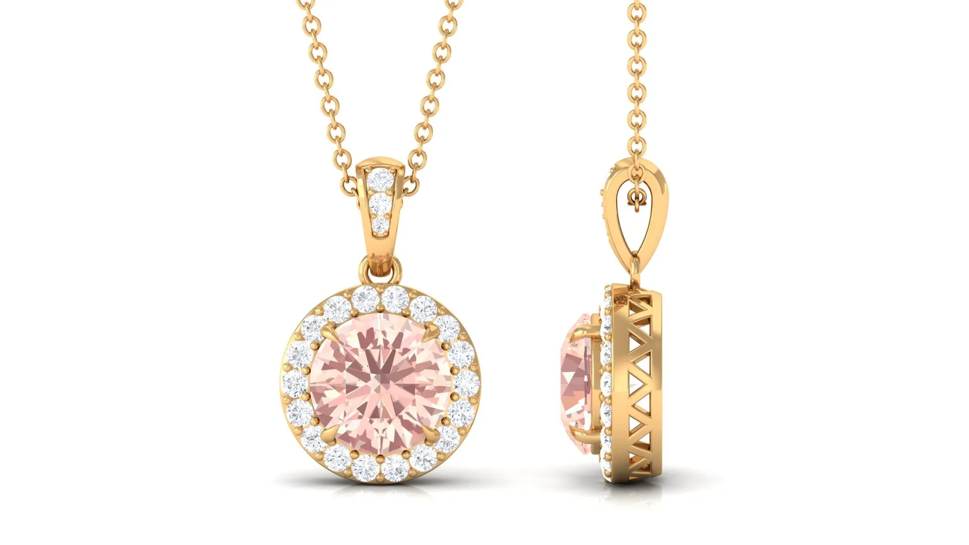 Real Morganite Pendant Necklace With Diamond Halo