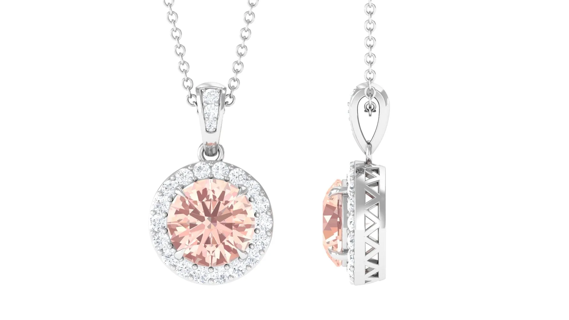 Real Morganite Pendant Necklace With Diamond Halo