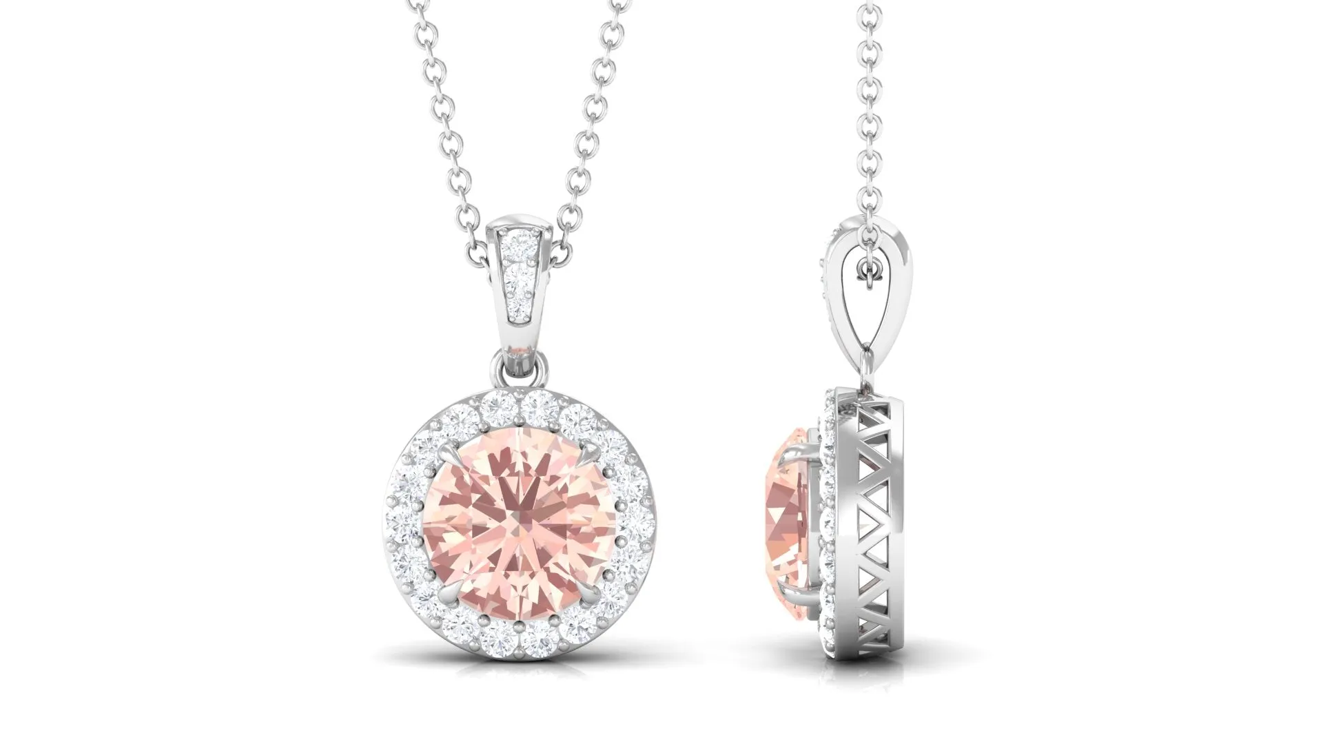 Real Morganite Pendant Necklace With Diamond Halo