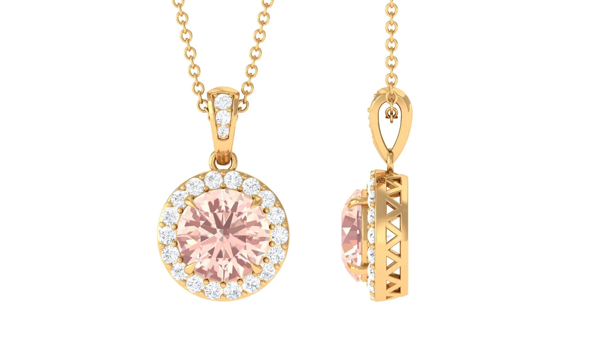 Real Morganite Pendant Necklace With Diamond Halo