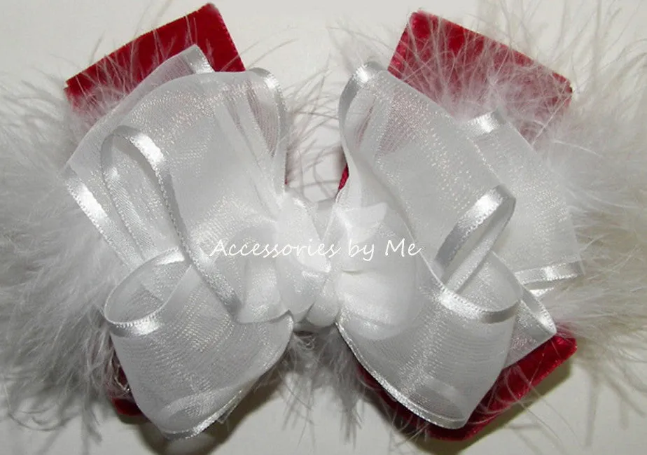 Red Velvet White Organza Marabou Hair Bow