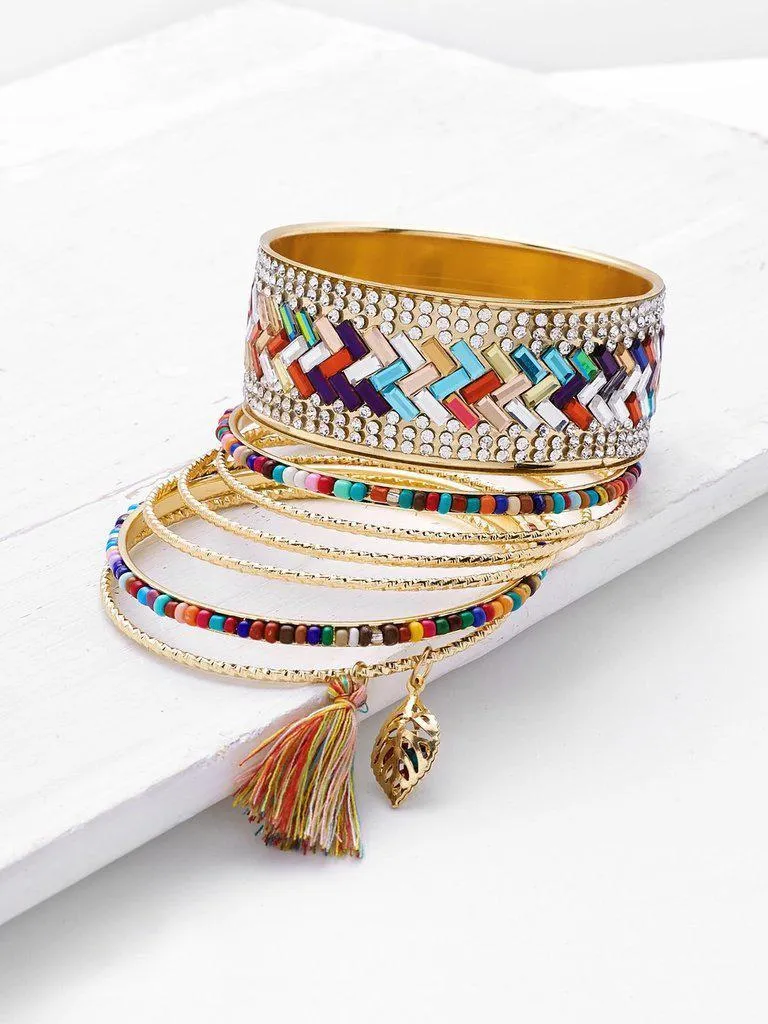 Rhinestone & Tassel Decorated Bracelet Set