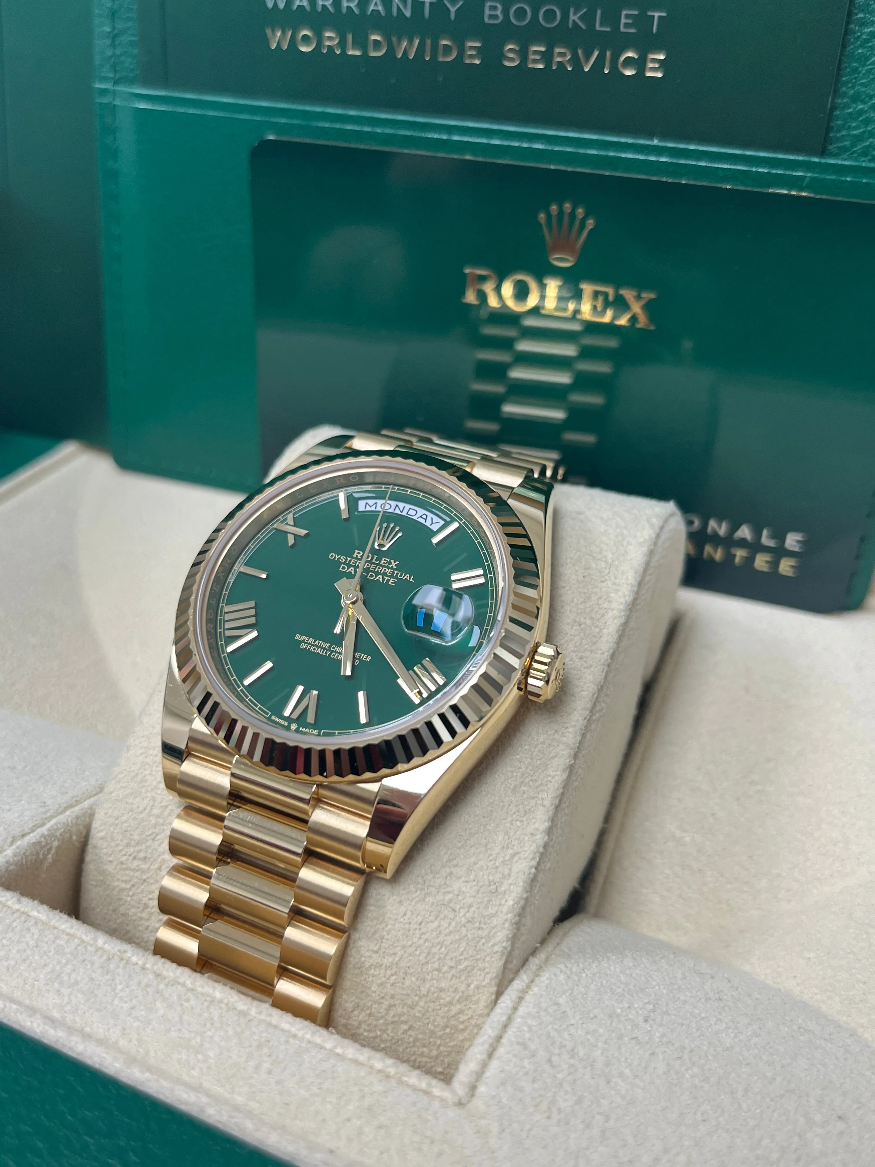 Rolex Day-Date 40 Yellow Gold Day-Date 40mm Reference 228238 Green Roman Dial New 2022 Release