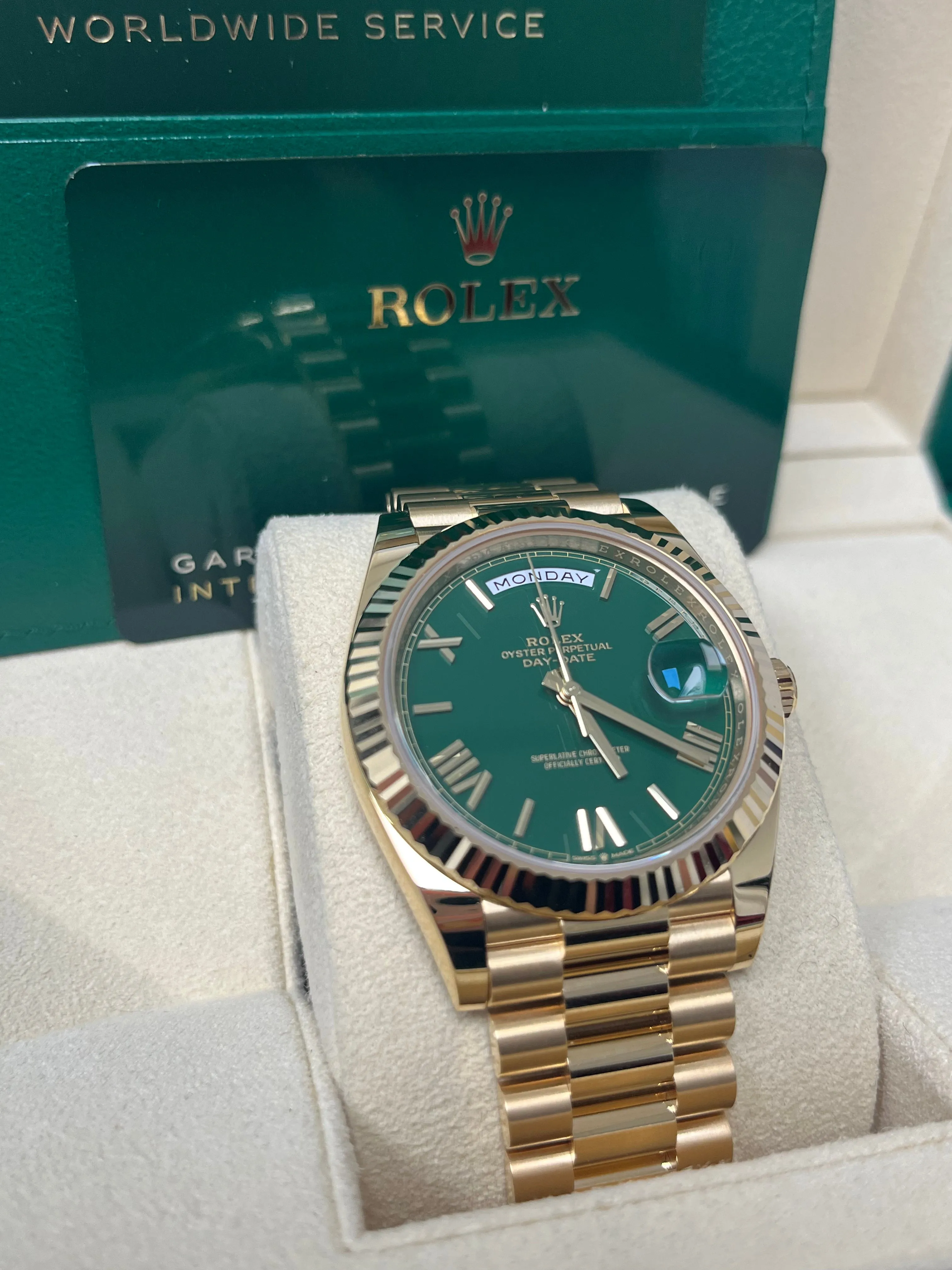 Rolex Day-Date 40 Yellow Gold Day-Date 40mm Reference 228238 Green Roman Dial New 2022 Release