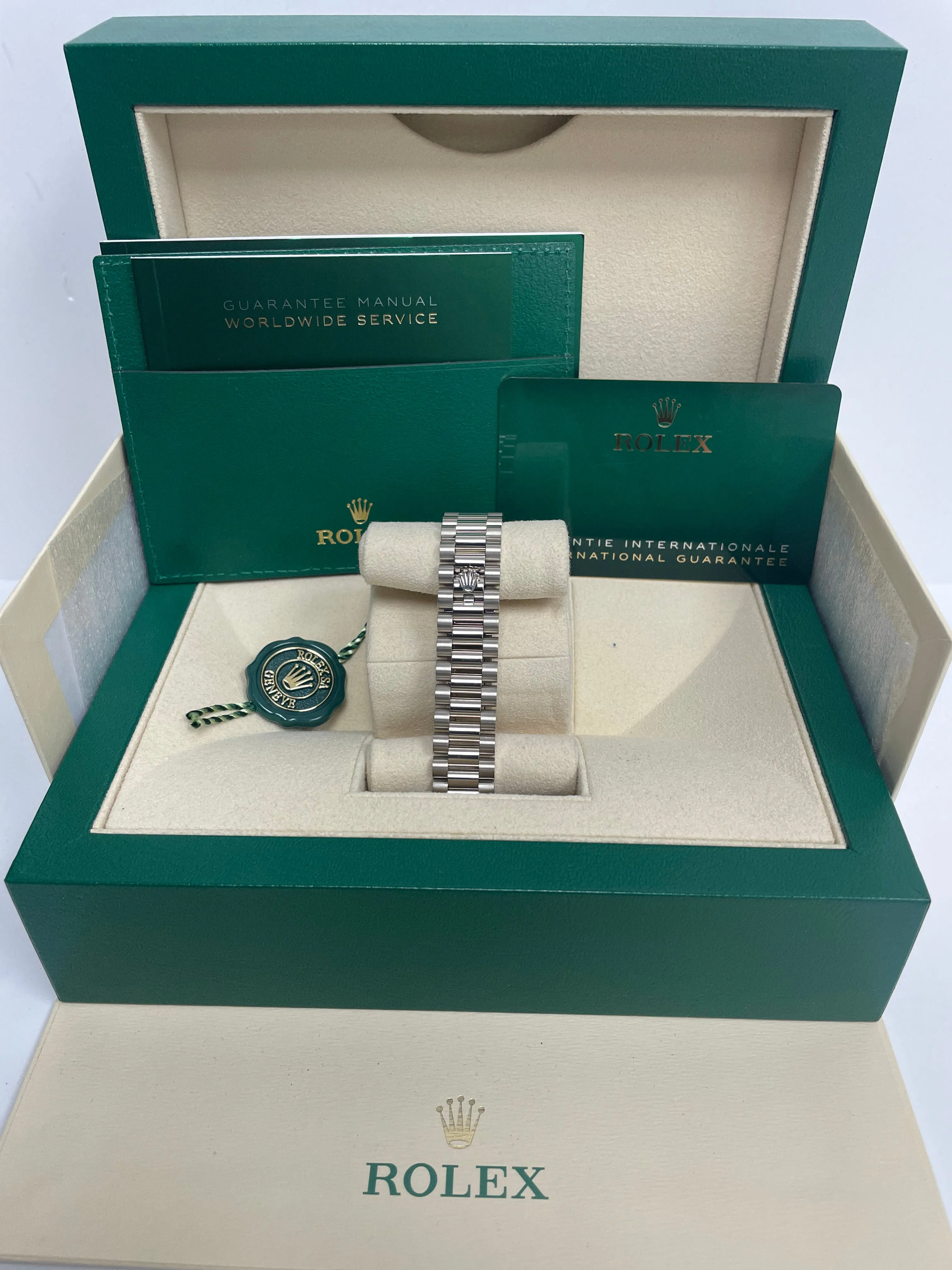 Rolex White Gold Datejust 31 Watch - Diamond Bezel - Mother-Of-Pearl Diamond Dial - President Bracelet (Reference #278289rbr)