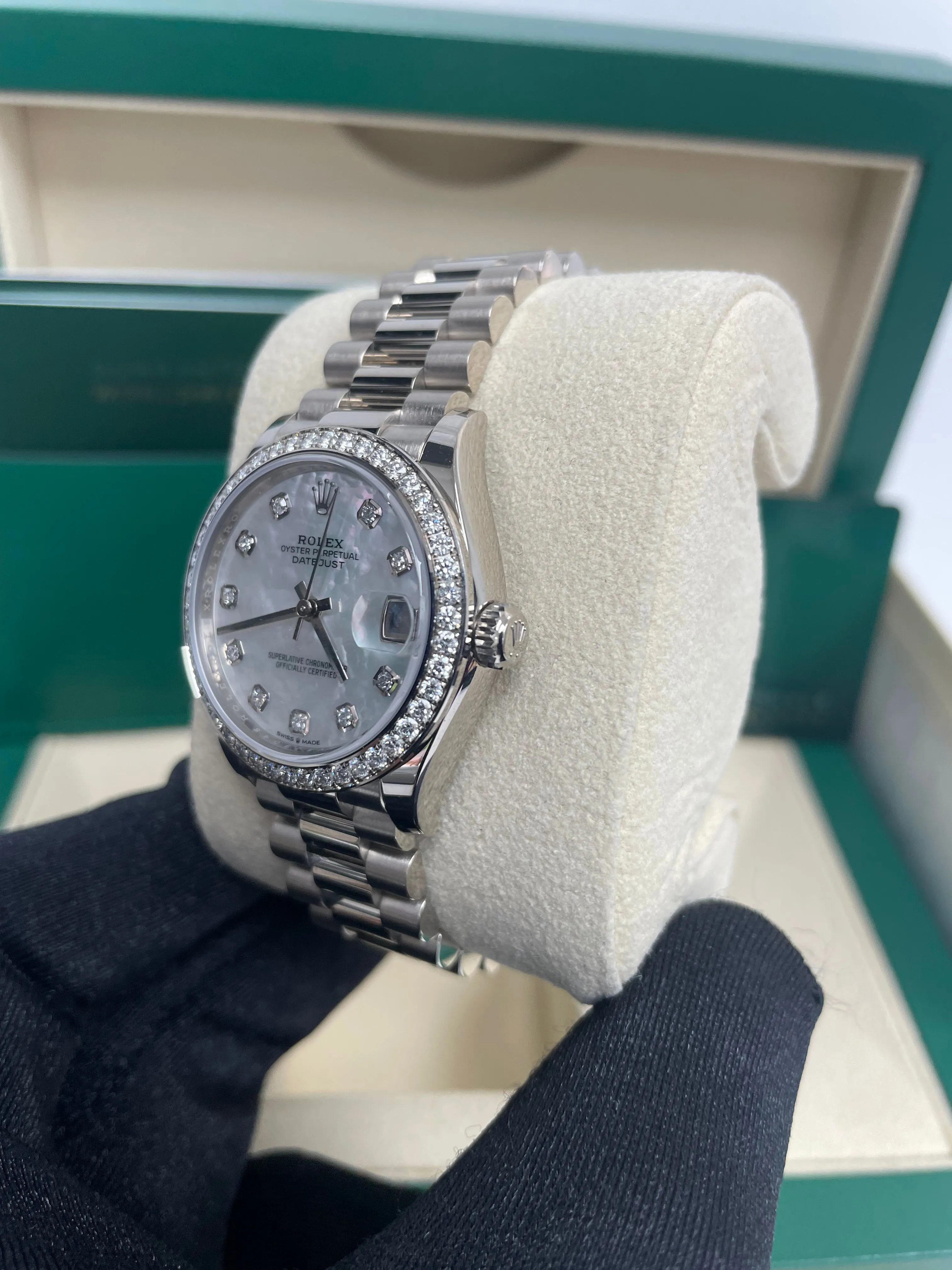 Rolex White Gold Datejust 31 Watch - Diamond Bezel - Mother-Of-Pearl Diamond Dial - President Bracelet (Reference #278289rbr)