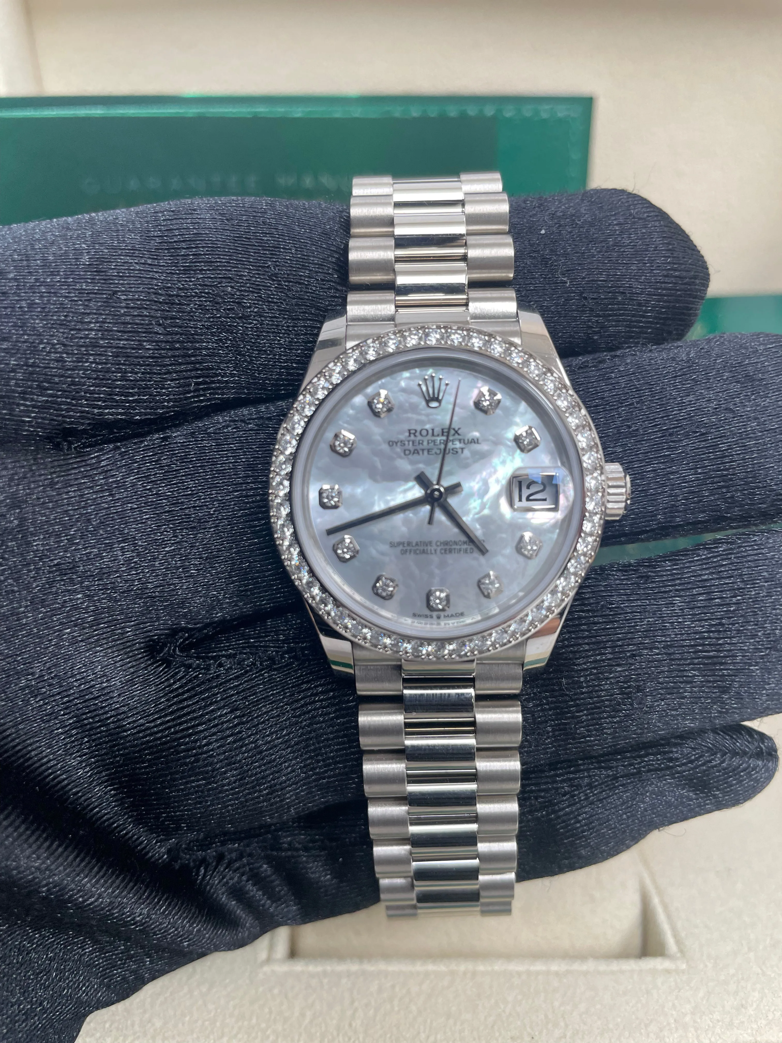 Rolex White Gold Datejust 31 Watch - Diamond Bezel - Mother-Of-Pearl Diamond Dial - President Bracelet (Reference #278289rbr)