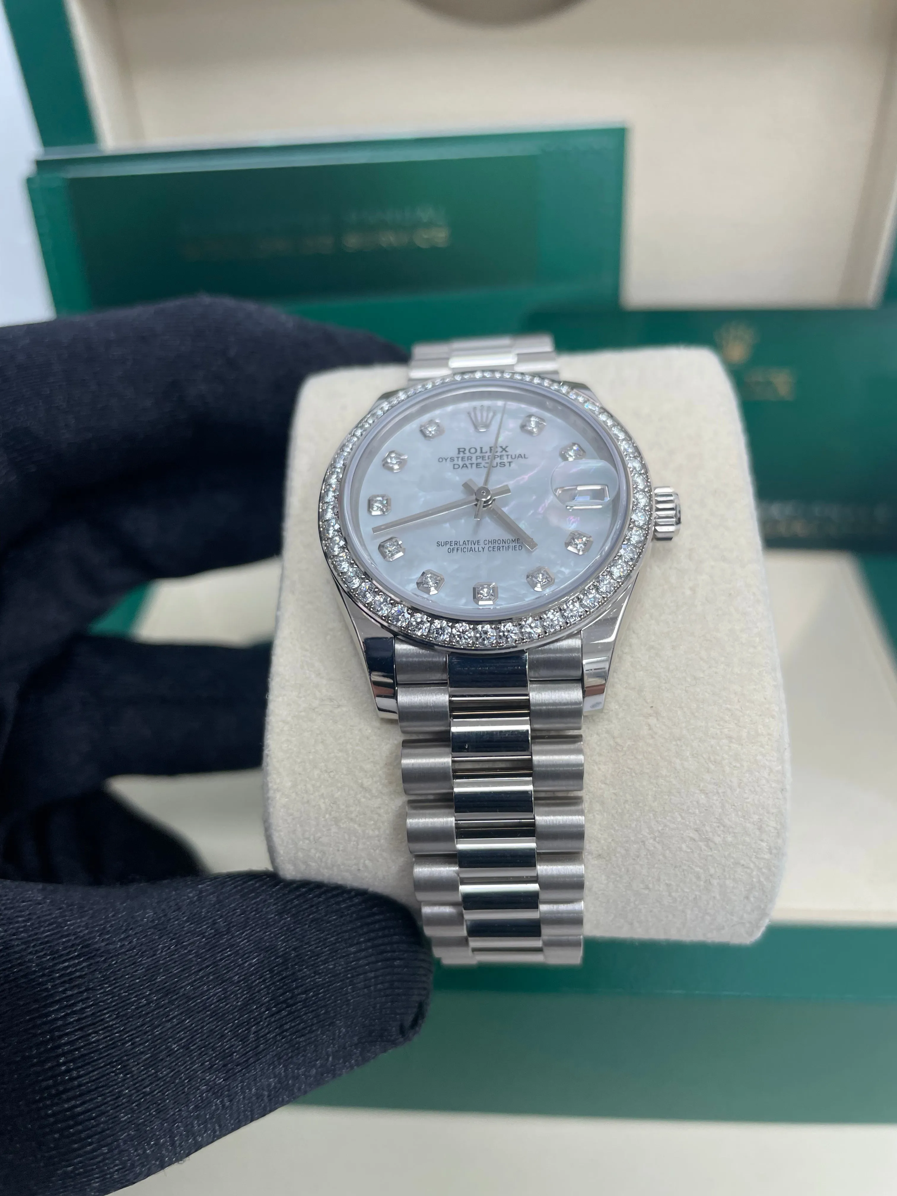 Rolex White Gold Datejust 31 Watch - Diamond Bezel - Mother-Of-Pearl Diamond Dial - President Bracelet (Reference #278289rbr)