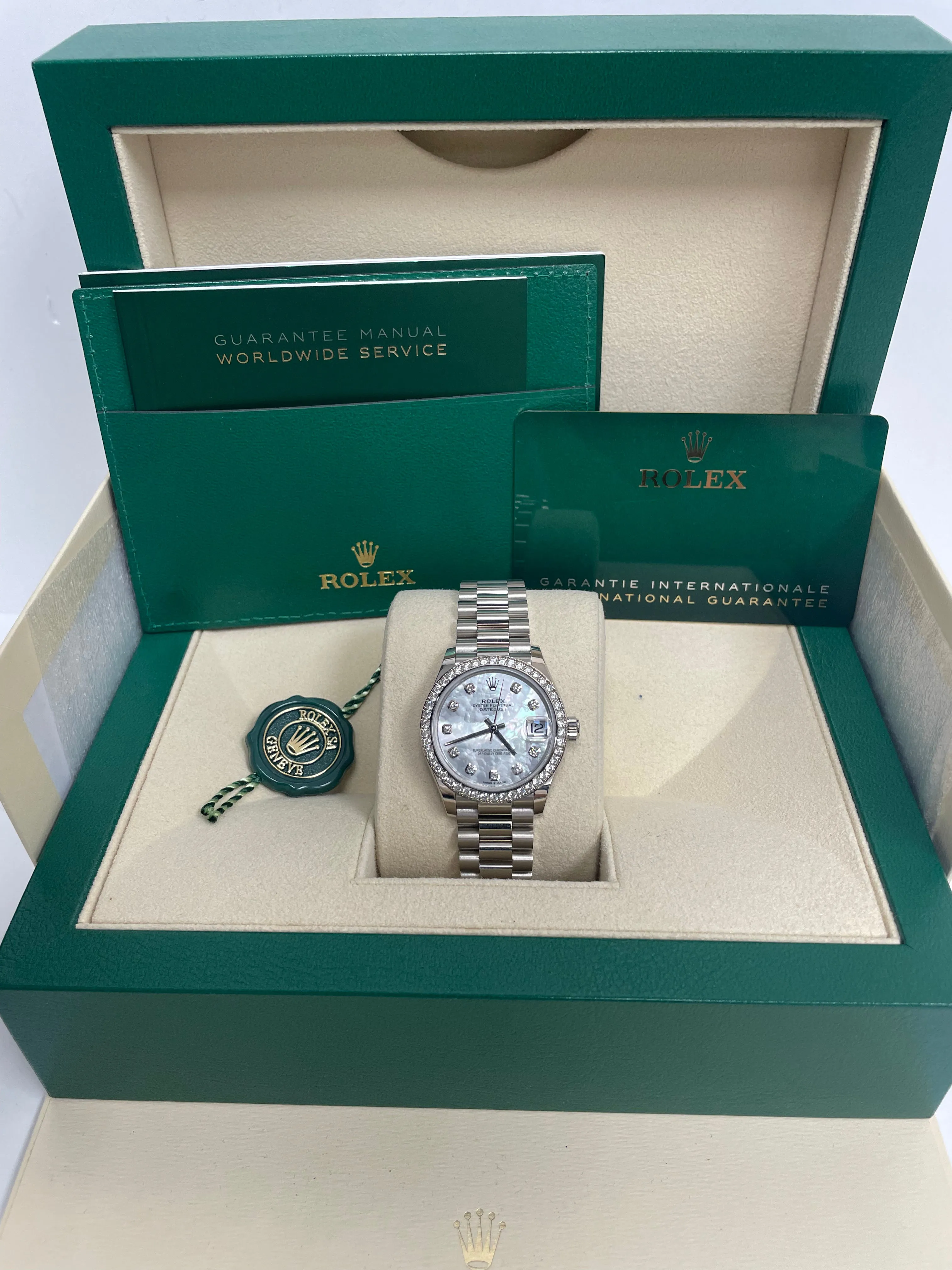 Rolex White Gold Datejust 31 Watch - Diamond Bezel - Mother-Of-Pearl Diamond Dial - President Bracelet (Reference #278289rbr)