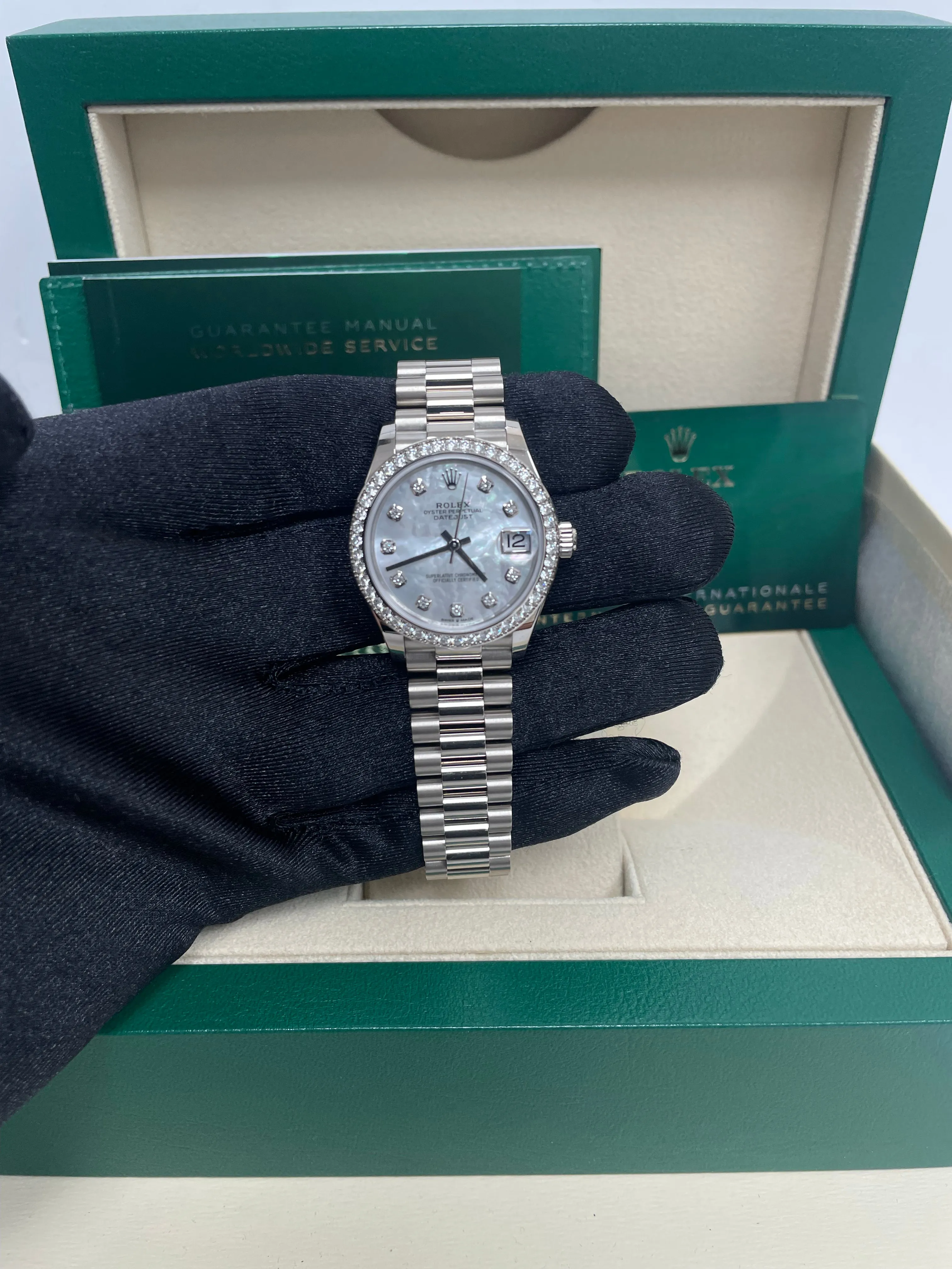 Rolex White Gold Datejust 31 Watch - Diamond Bezel - Mother-Of-Pearl Diamond Dial - President Bracelet (Reference #278289rbr)