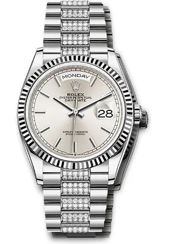 Rolex White Gold Day-Date 36 Watch - Fluted Bezel - Silver Index Dial - Diamond President Bracelet - 128239 sidp