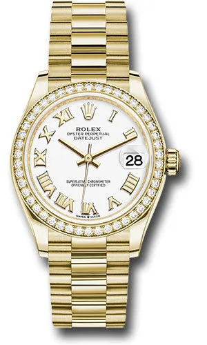 Rolex Yellow Gold Datejust 31 Watch - Diamond Bezel - White Roman Dial - President Bracelet 278288RBR wrp