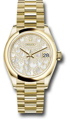 Rolex Yellow Gold Datejust 31 Watch - Domed Bezel - Paved Mother-of-Pearl Butterfly Dial - President Bracelet 278248 pmopbp