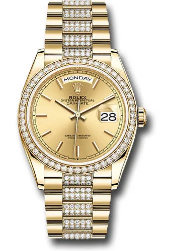 Rolex Yellow Gold Day-Date 36 Watch - Diamond Bezel - Champagne Index Dial - Diamond President Bracelet - 128348rbr chidp