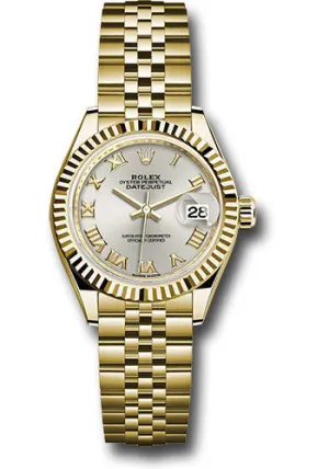 Rolex Yellow Gold Lady-Datejust 28 Watch - Fluted Bezel - Silver Roman Dial - Jubilee Bracelet - 279178 srj