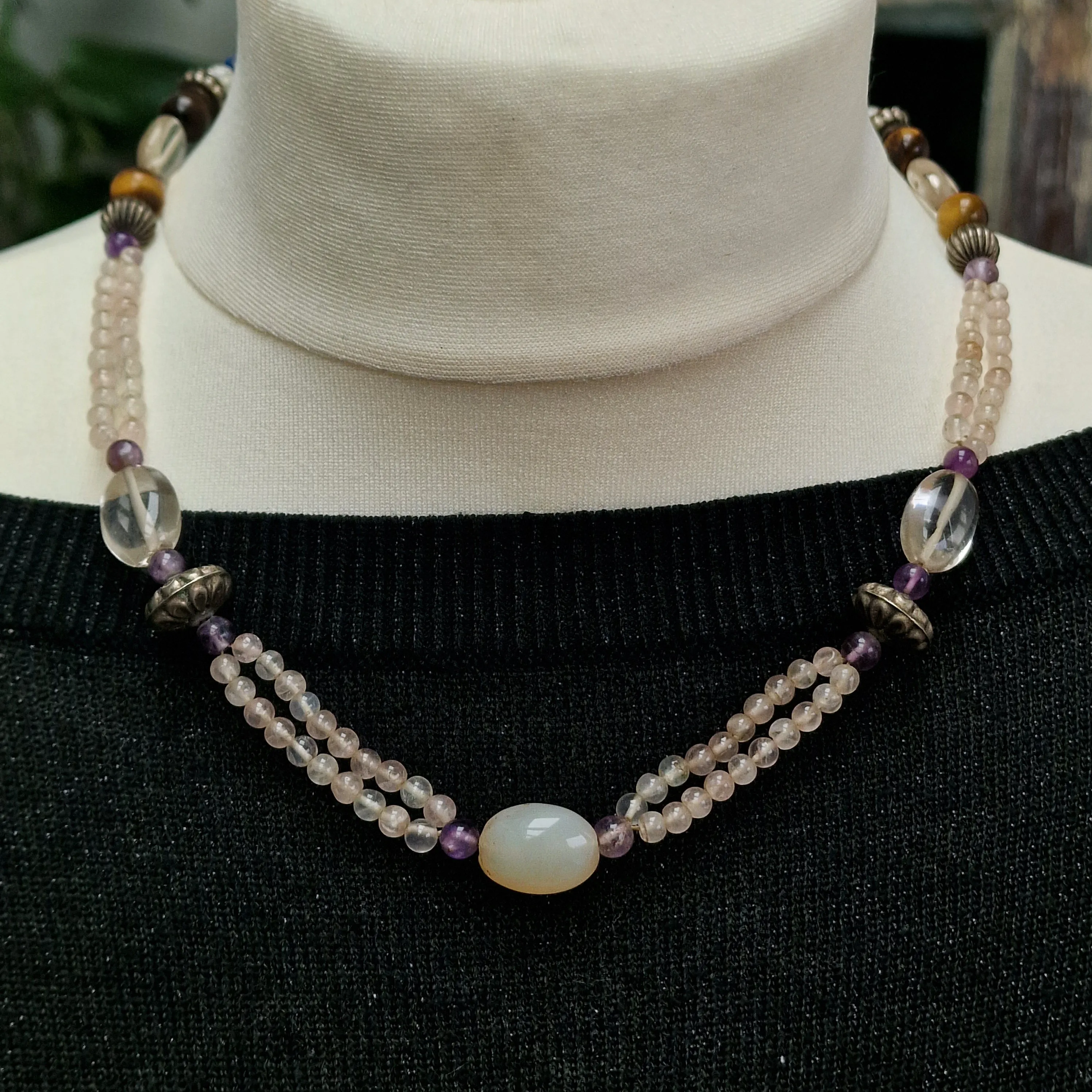 Rose quartz, Quartz, Tiger Eye Multi-Stone Beaded Necklace