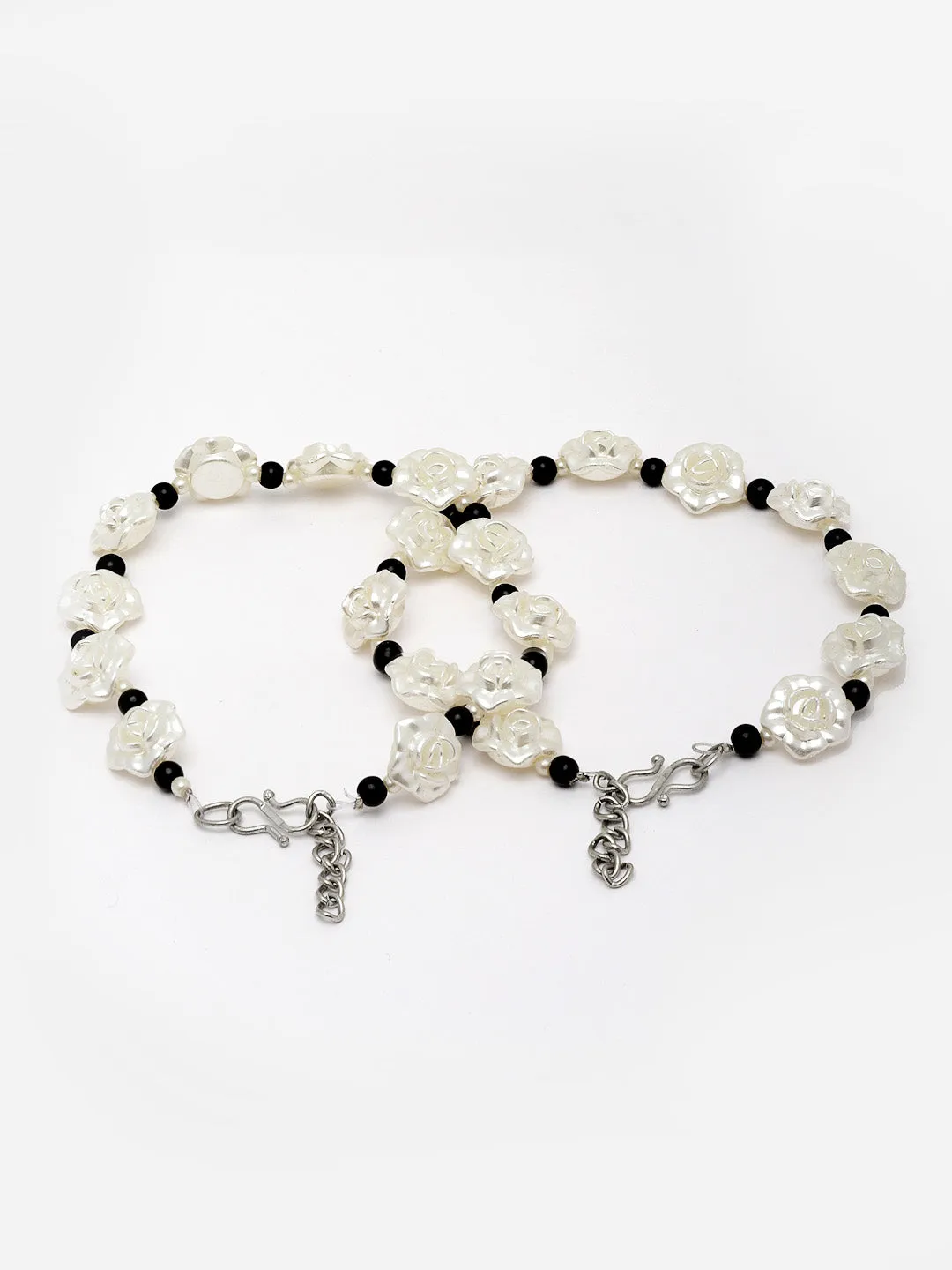 Set Of 2 Silver-Plated Black & White Floral Shaped Beaded Handcrafted Anklets