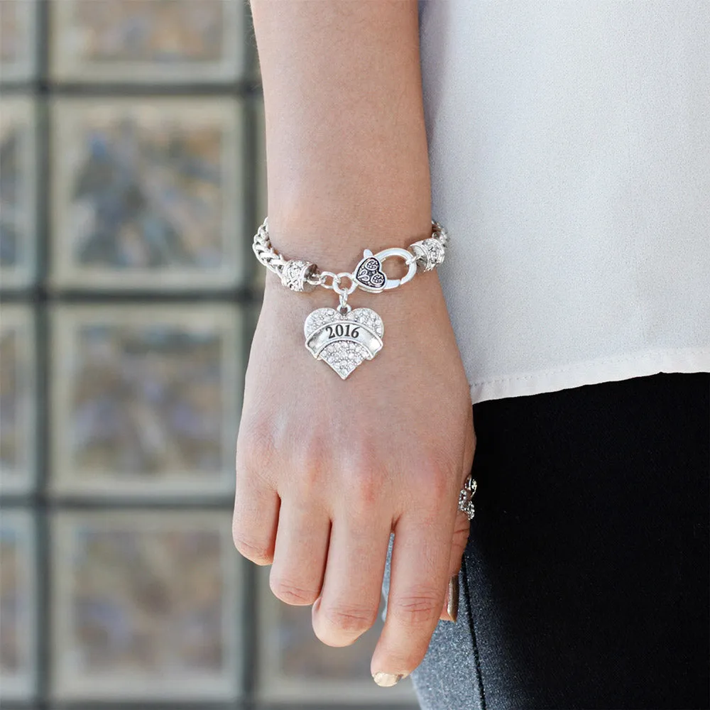 Silver 2016 Pave Heart Charm Braided Bracelet